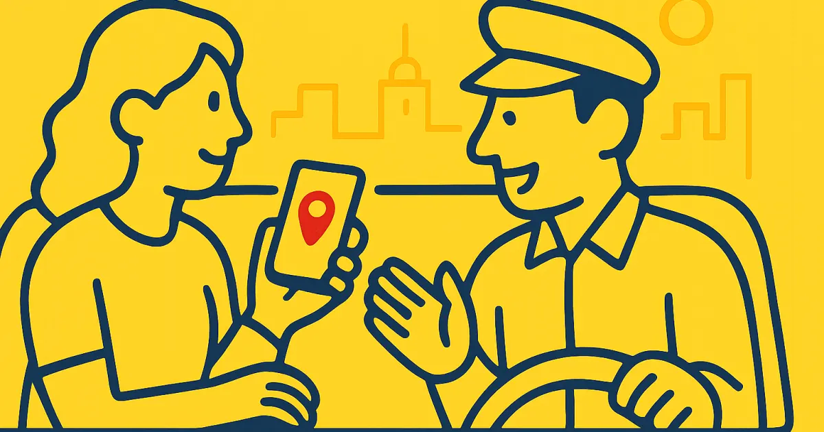 Talking to a Taxi Driver in Colombia Outlined vector of a passenger showing a phone map to a taxi driver with Colombian flag colors accenting the scene