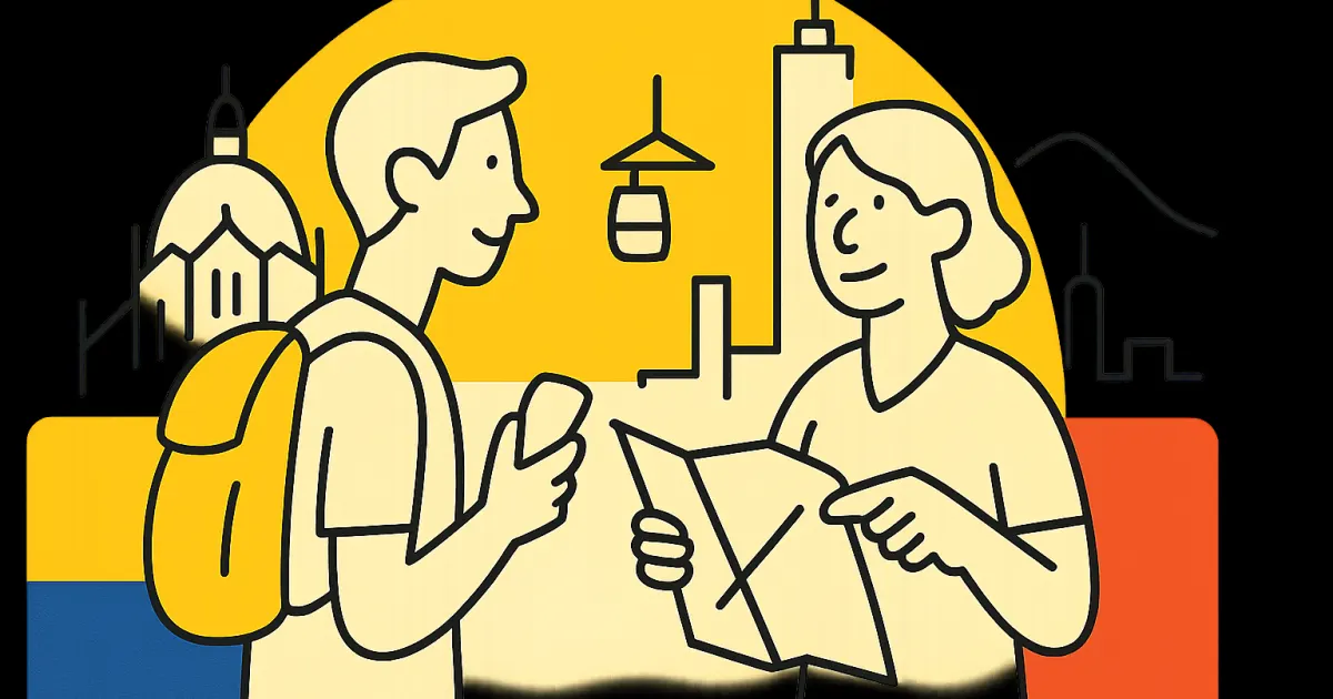 Outlined graphic of a traveler and a local talking with Medellín skyline silhouette and Colombian flag colors