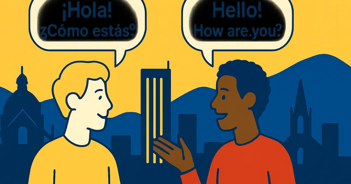 Two people talking with speech bubbles and a simple Medellín skyline in Colombian flag colors