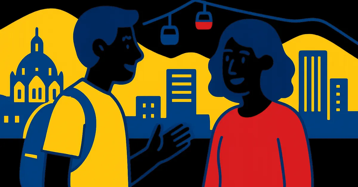 Two people talking in front of a simplified Medellín skyline with cable cars, using Colombian flag colors