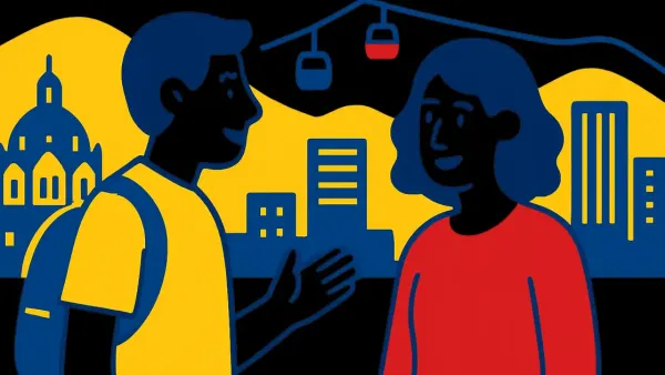 Conversation in Medellín - survival Spanish graphic Two people talking in front of a simplified Medellín skyline with cable cars, using Colombian flag colors