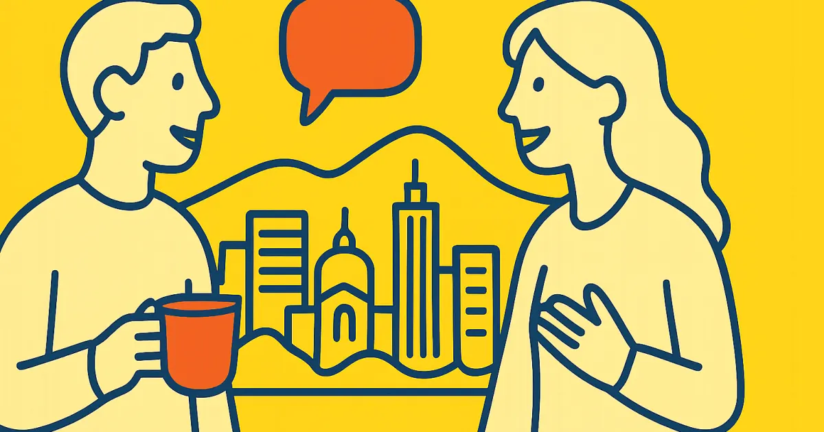 Medellín survival Spanish conversation graphic Two simplified people talking in front of a stylized Medellín skyline using Colombian flag colors