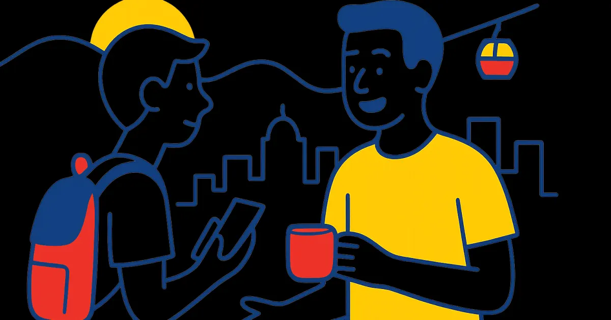 Survival Spanish in Medellín — Quick Guide Simple outline of a tourist and a local talking with Medellín skyline and cable car in Colombian flag colors