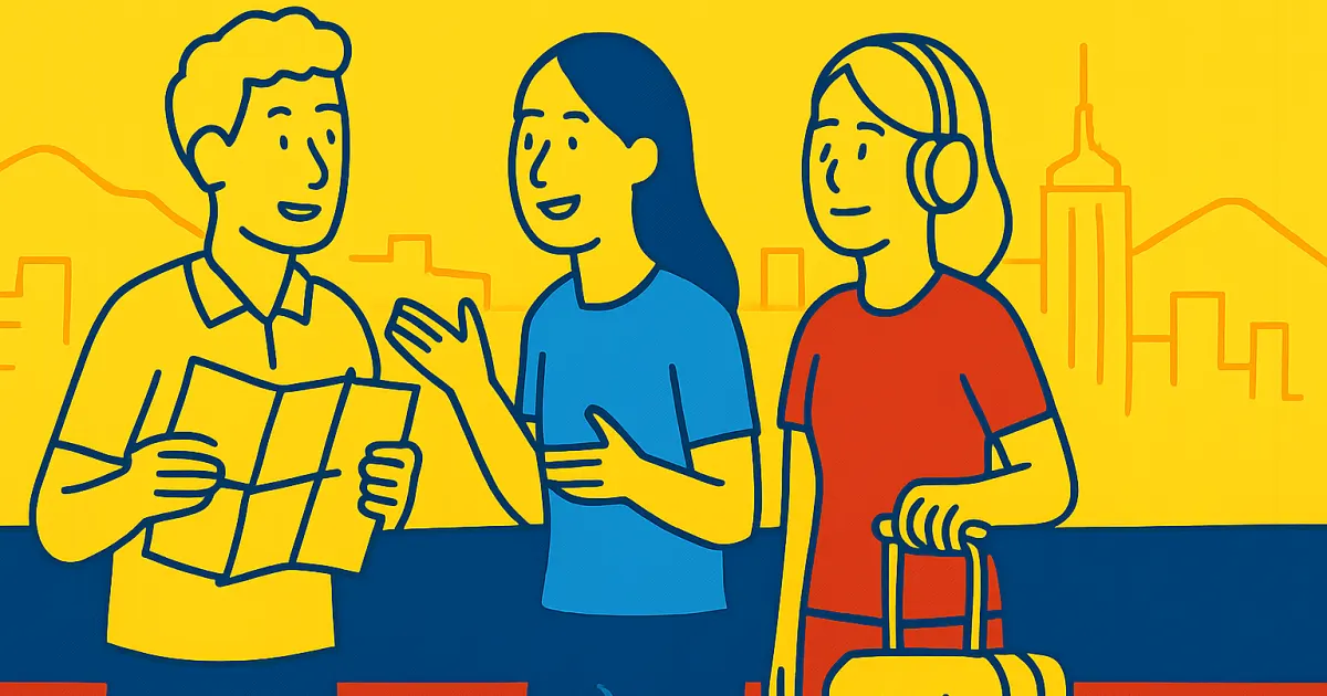 Preparing Spanish for Medellín Travel Minimalist outlines of three travelers talking with a map and headphones against a simple Medellín skyline in Colombian flag colors