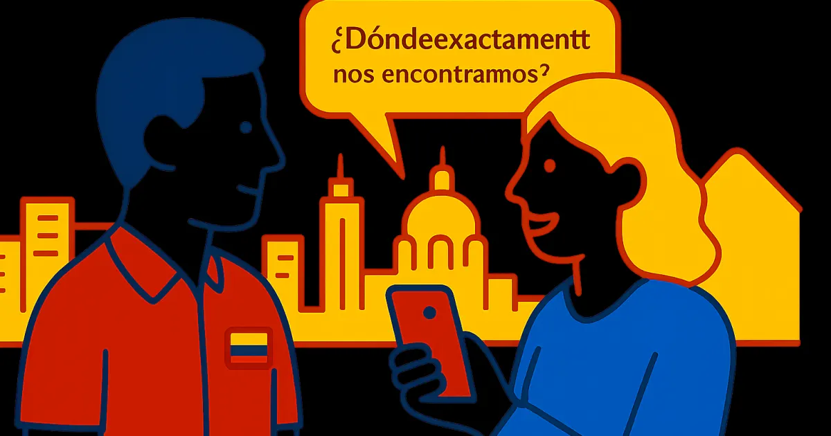 Two people talking in front of a simple Medellín skyline; speech bubble reads '¿Dónde exactamente nos encontramos?'.