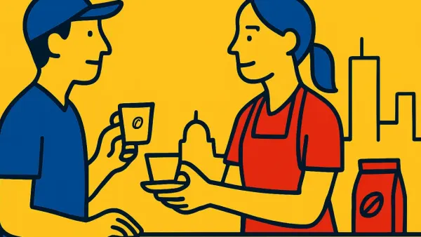 Ordering Coffee in Colombia: Tinto and Perico Two people at a Colombian café counter exchanging a small coffee cup; simple outlines in Colombian flag colors