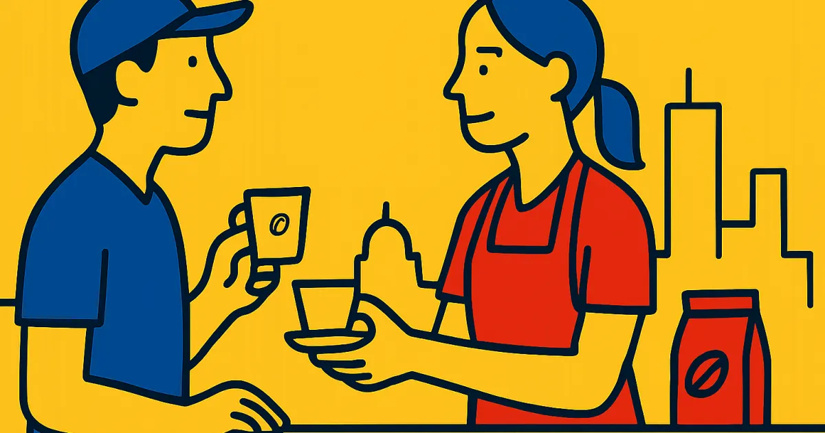 Ordering Coffee in Colombia: Tinto and Perico Two people at a Colombian café counter exchanging a small coffee cup; simple outlines in Colombian flag colors