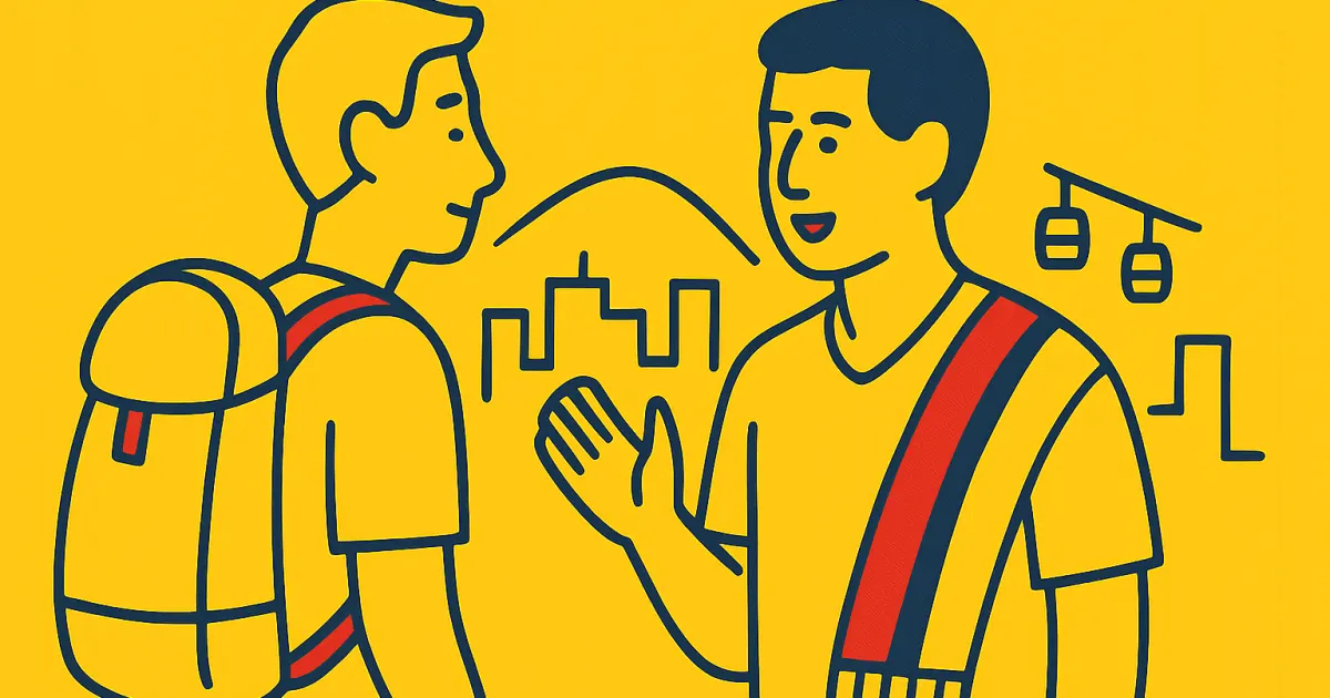 Two outlined people talking with a simple Medellín skyline and cable cars in Colombian flag colors