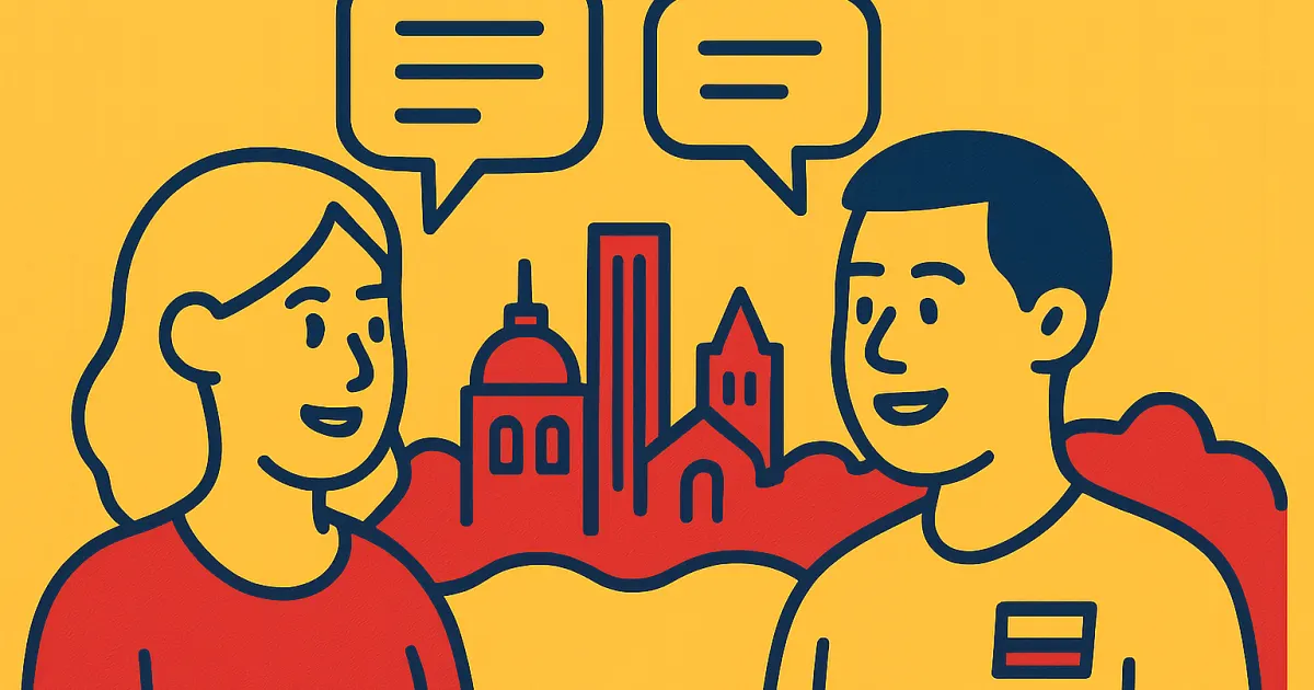 Survival Spanish for Medellín - Simple Phrase Graphic Two people in simple outline style talking with a stylized Medellín skyline and Colombian flag colors