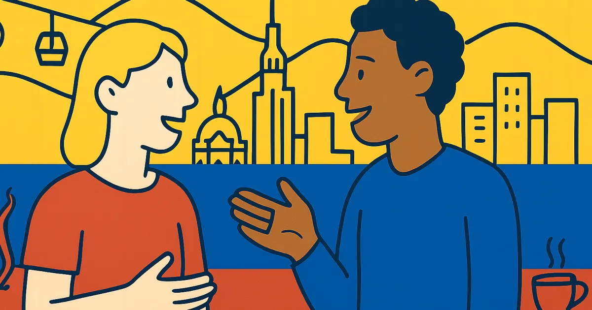 Outlined people speaking in front of a simple Medellín skyline with cable cars, using Colombian flag colors