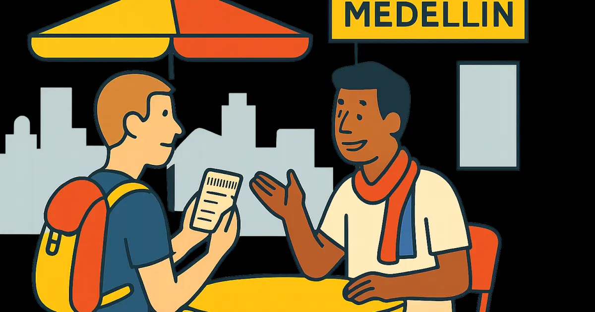 Practice survival Spanish in Medellín café Two people speaking in a Medellín café with Colombian-flag color accents and a phone showing a phrase list