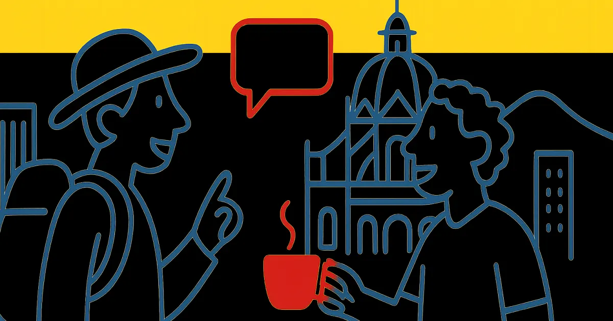 Two people speaking with a simple Medellín skyline; graphic uses Colombian flag colors in flat outlines.