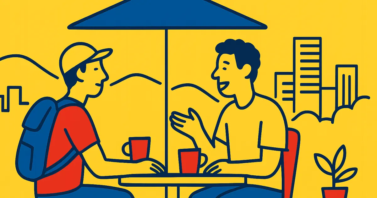 Minimalist illustration of a traveler and a local talking in Medellín with skyline in background in Colombian flag colors